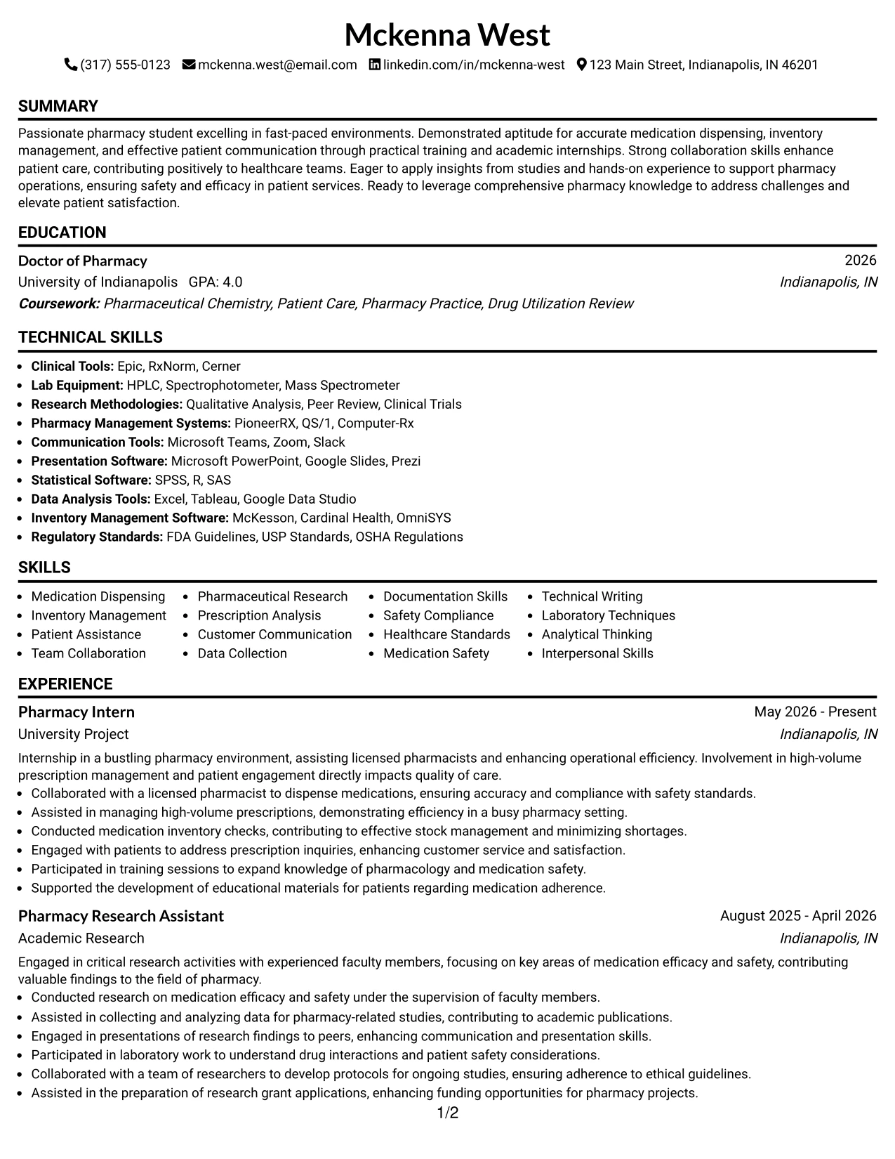 Resume Example Page 1