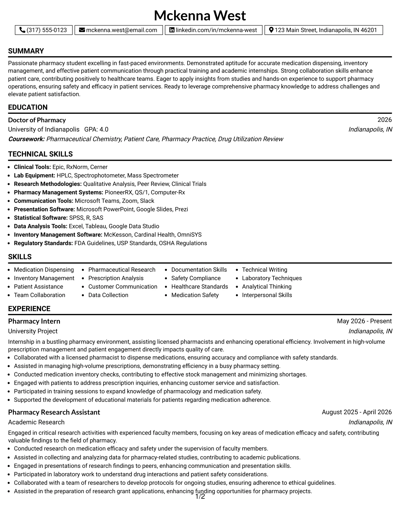 Resume Example Page 1