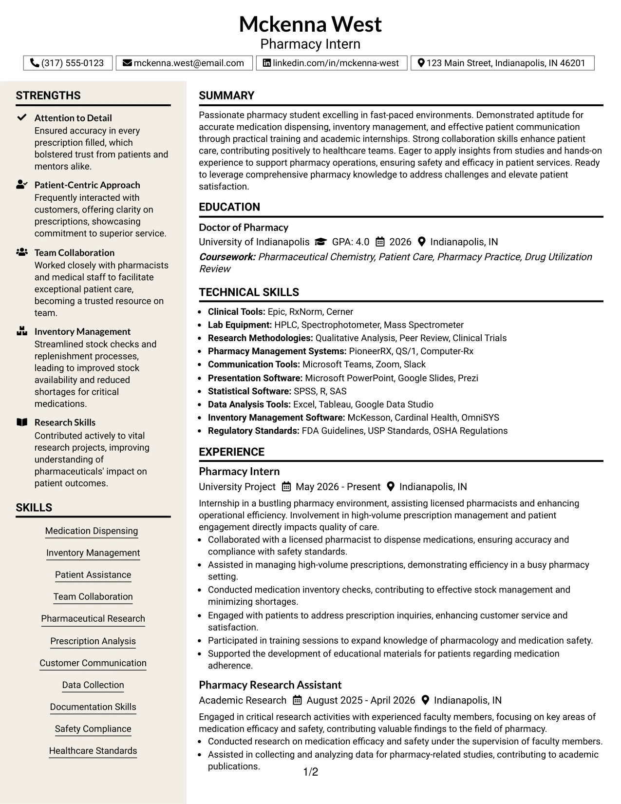 Resume Example Page 1