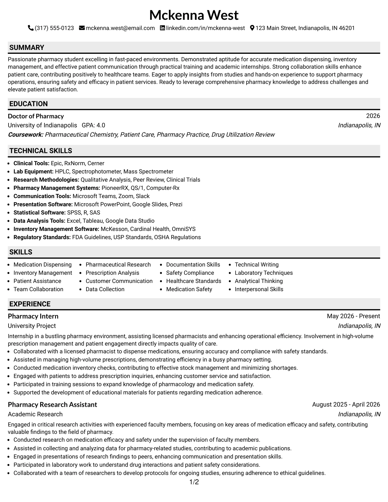 Resume Example Page 1