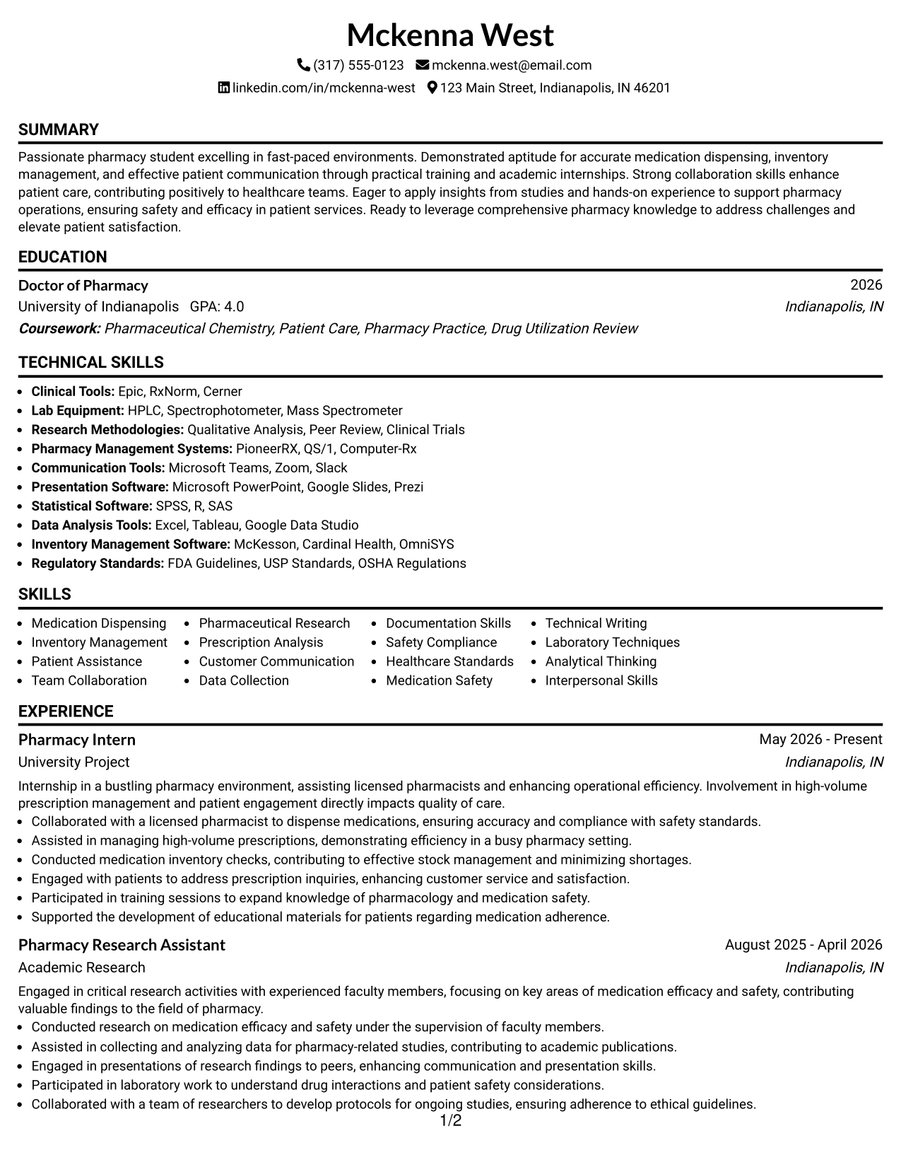 Resume Example Page 1