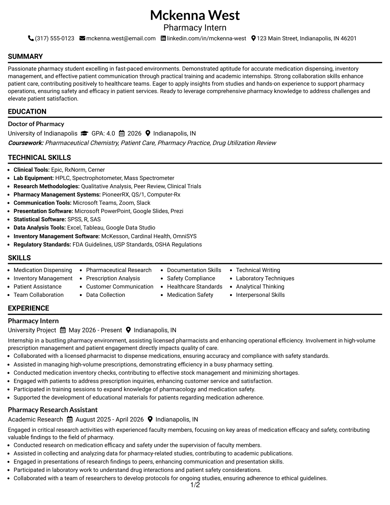 Resume Example Page 1