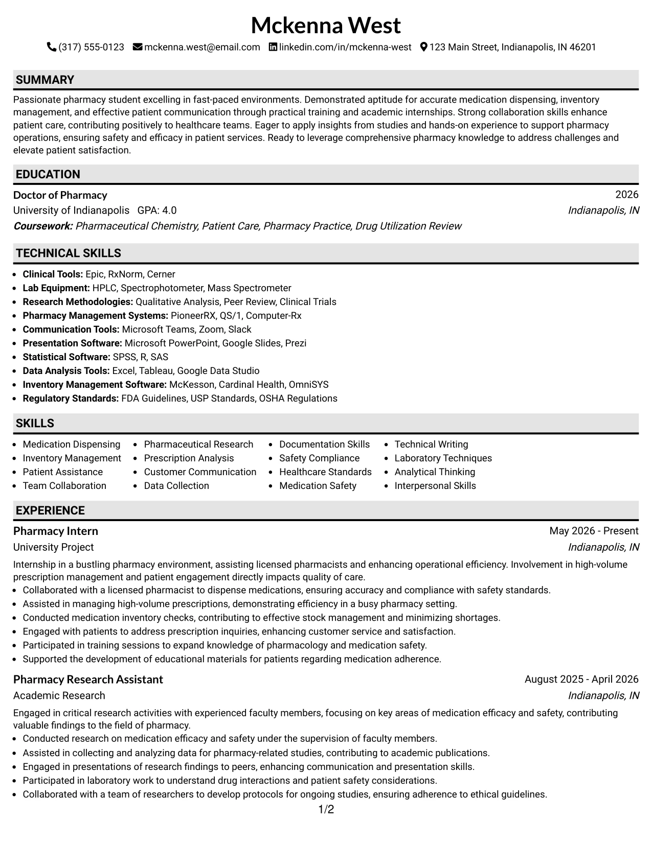 Resume Example Page 1