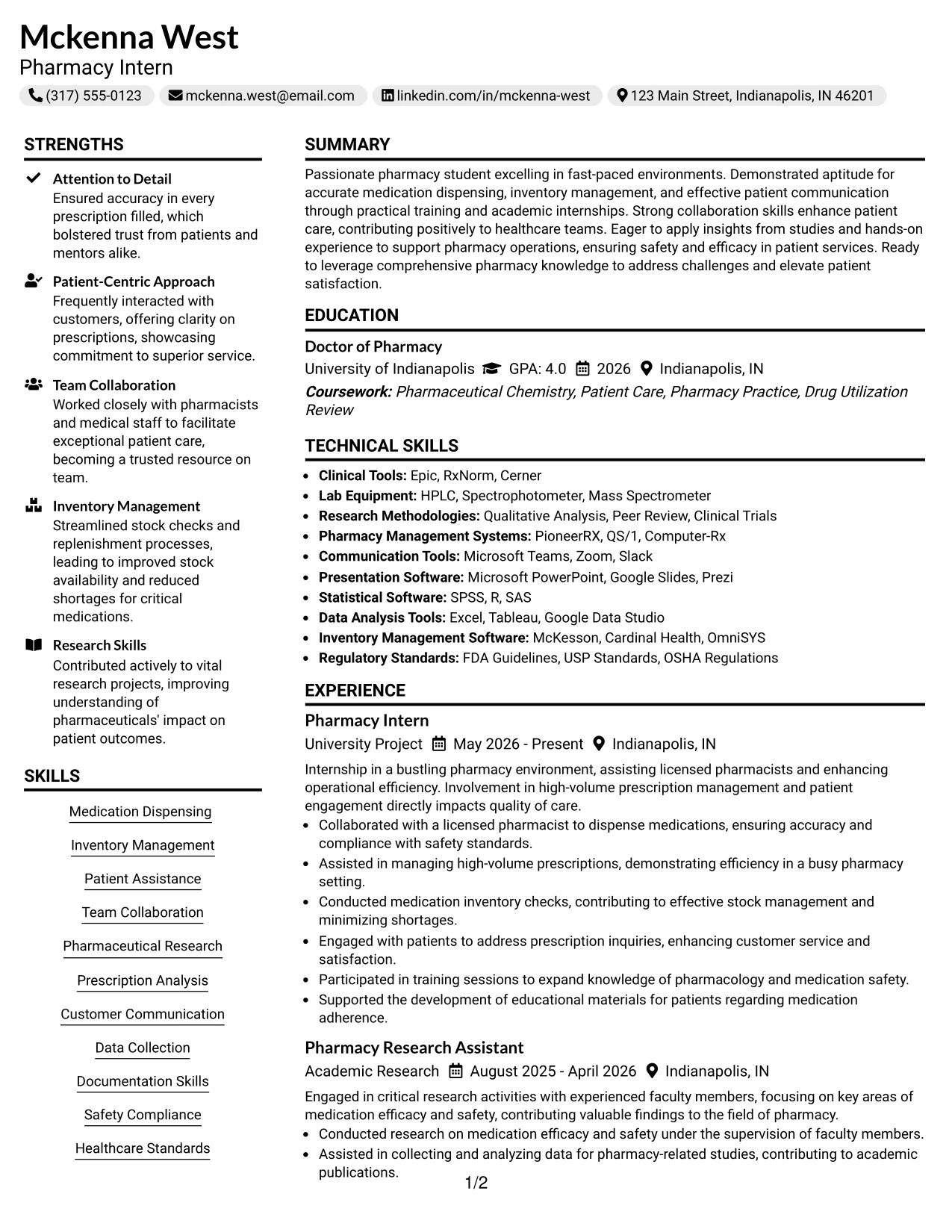 Resume Example Page 1