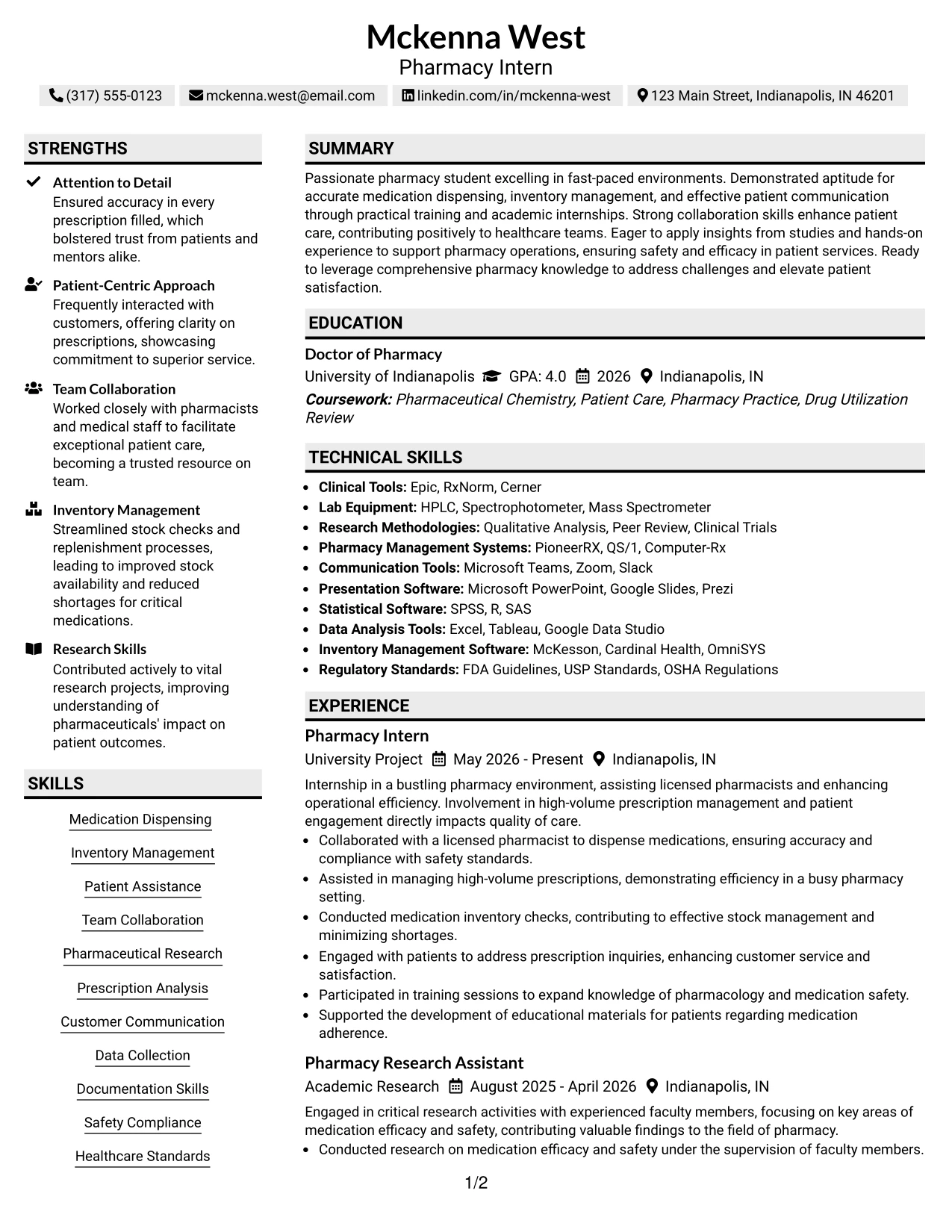 Resume Example Page 1