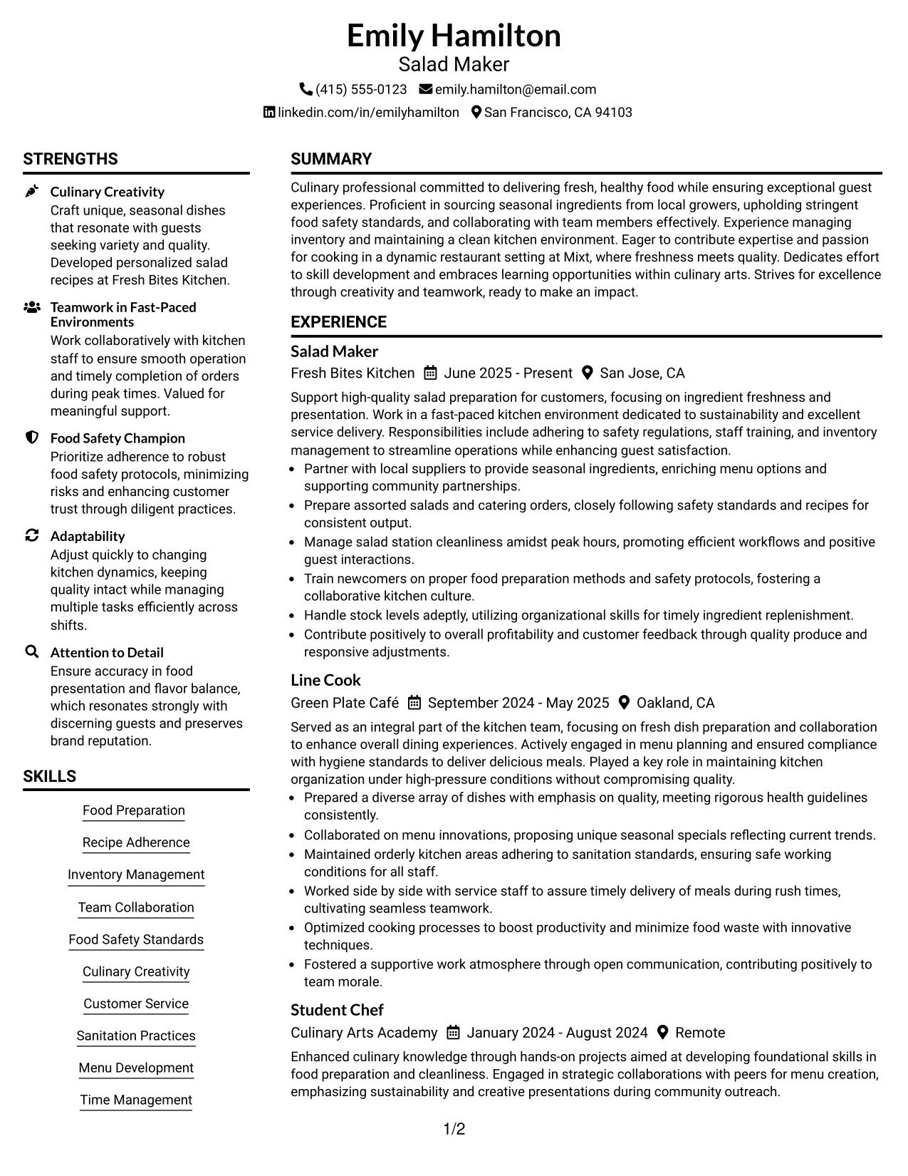 Resume Example Page 1