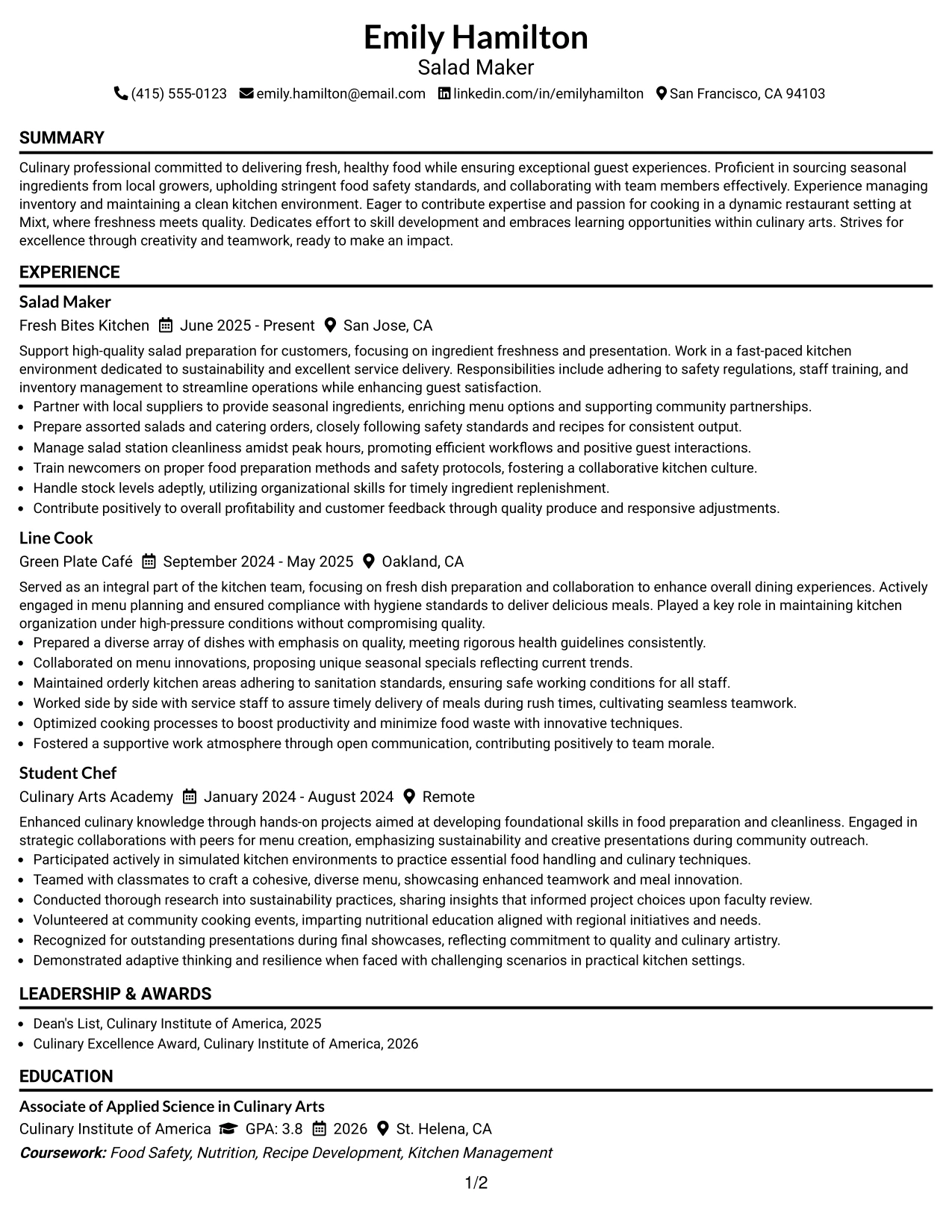 Resume Example Page 1