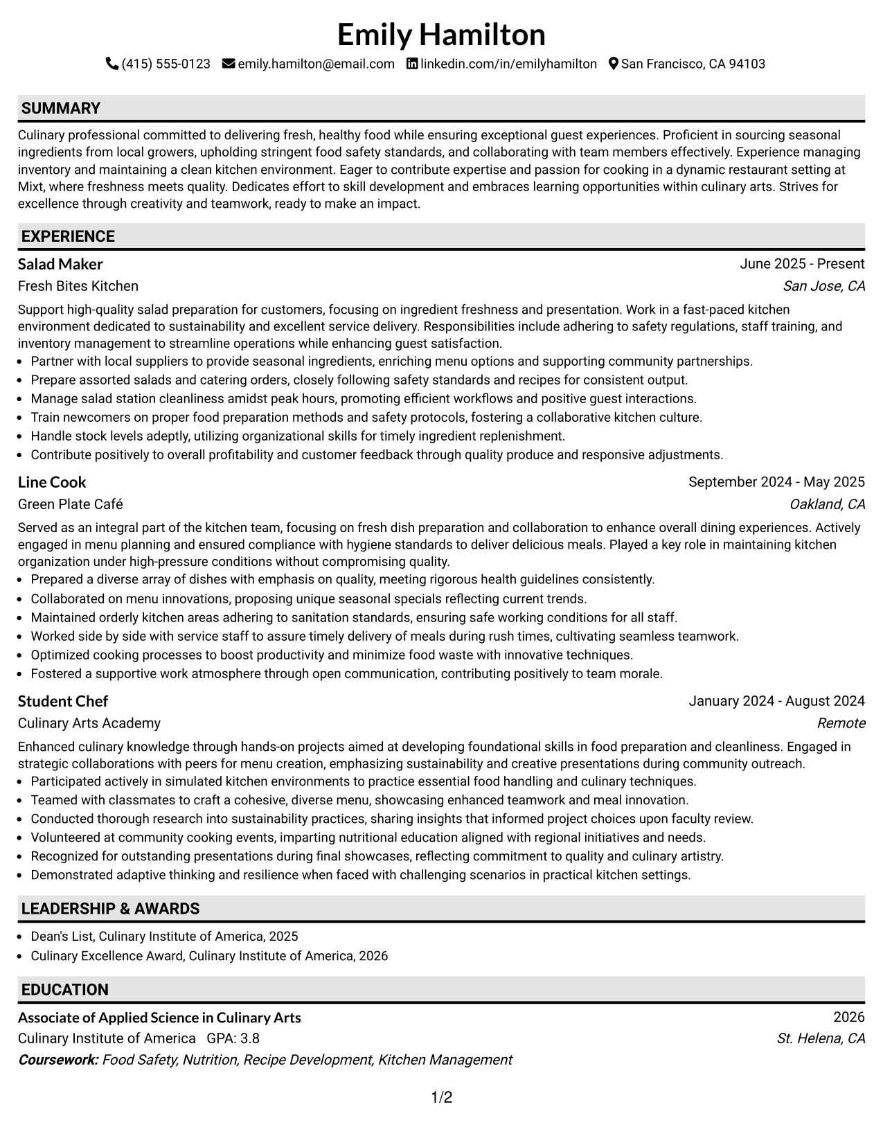 Resume Example Page 1