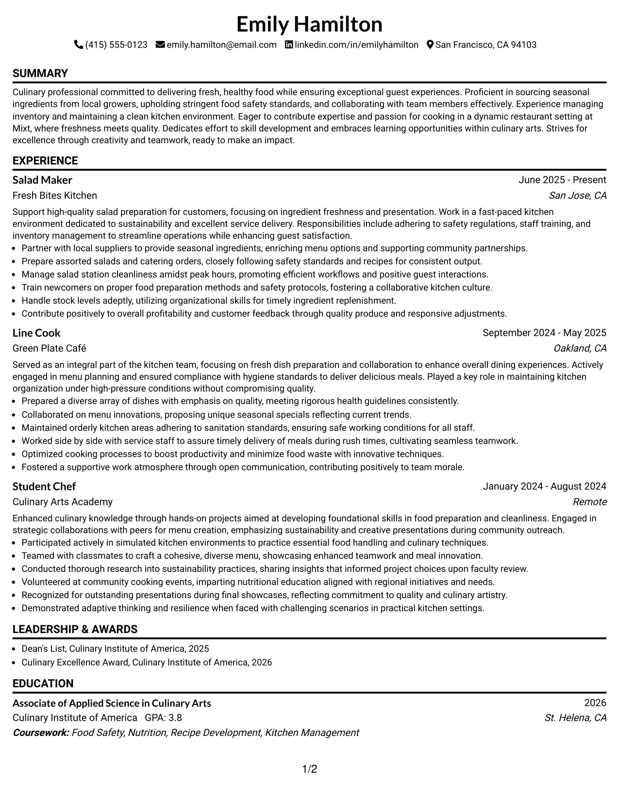 Resume Example Page 1
