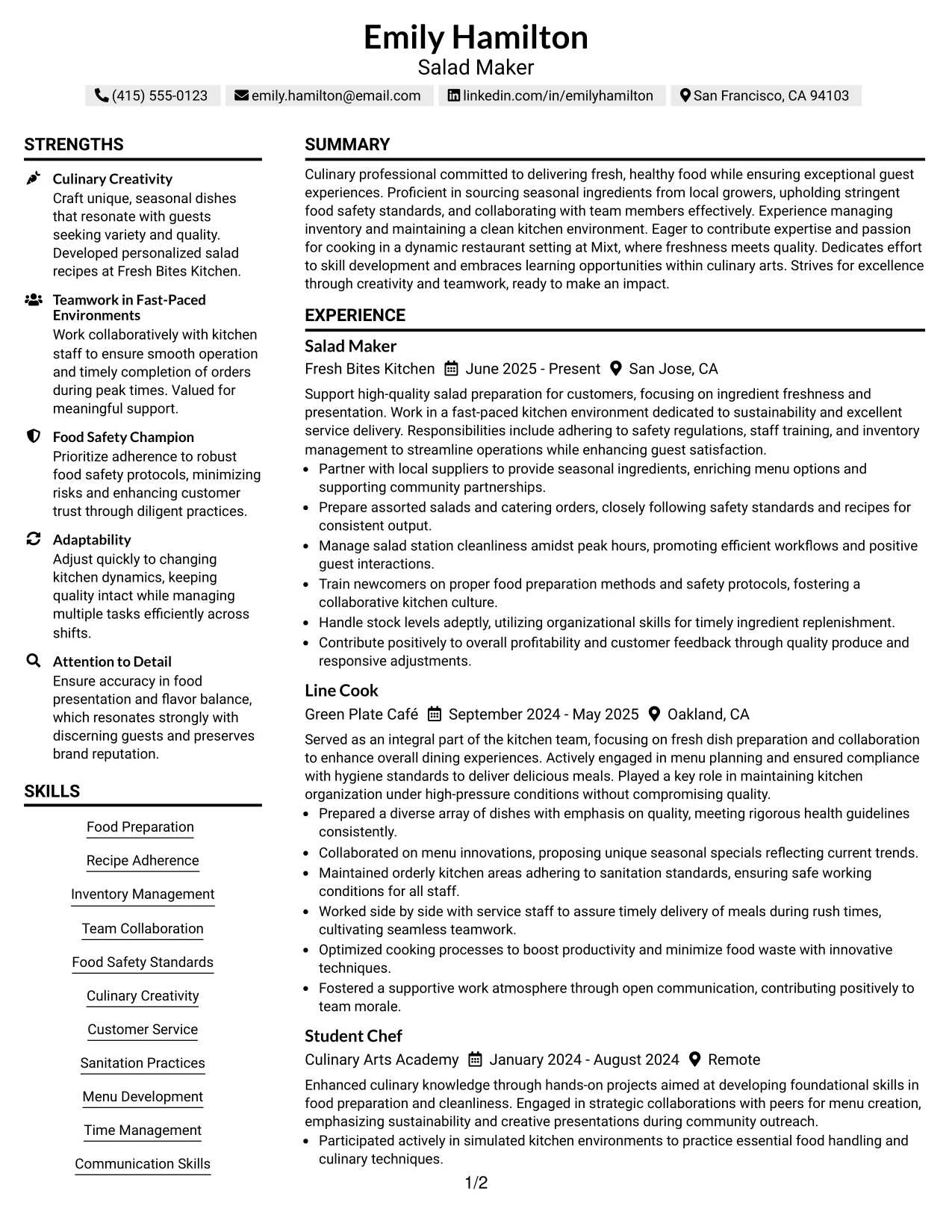 Resume Example Page 1