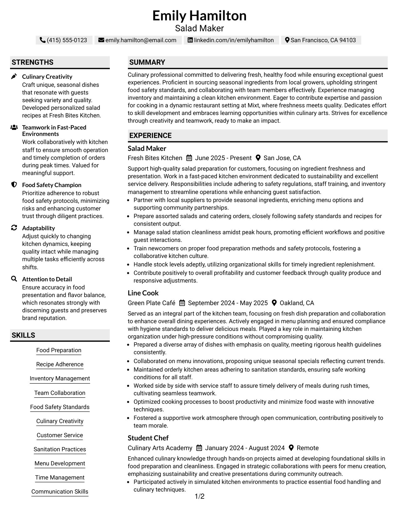 Resume Example Page 1