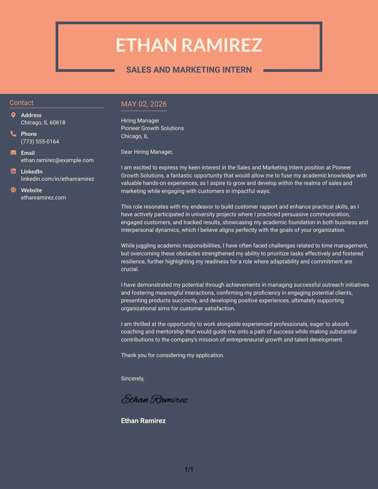 Sales and Marketing Intern Cover Letter Example Creative Two Tone Format