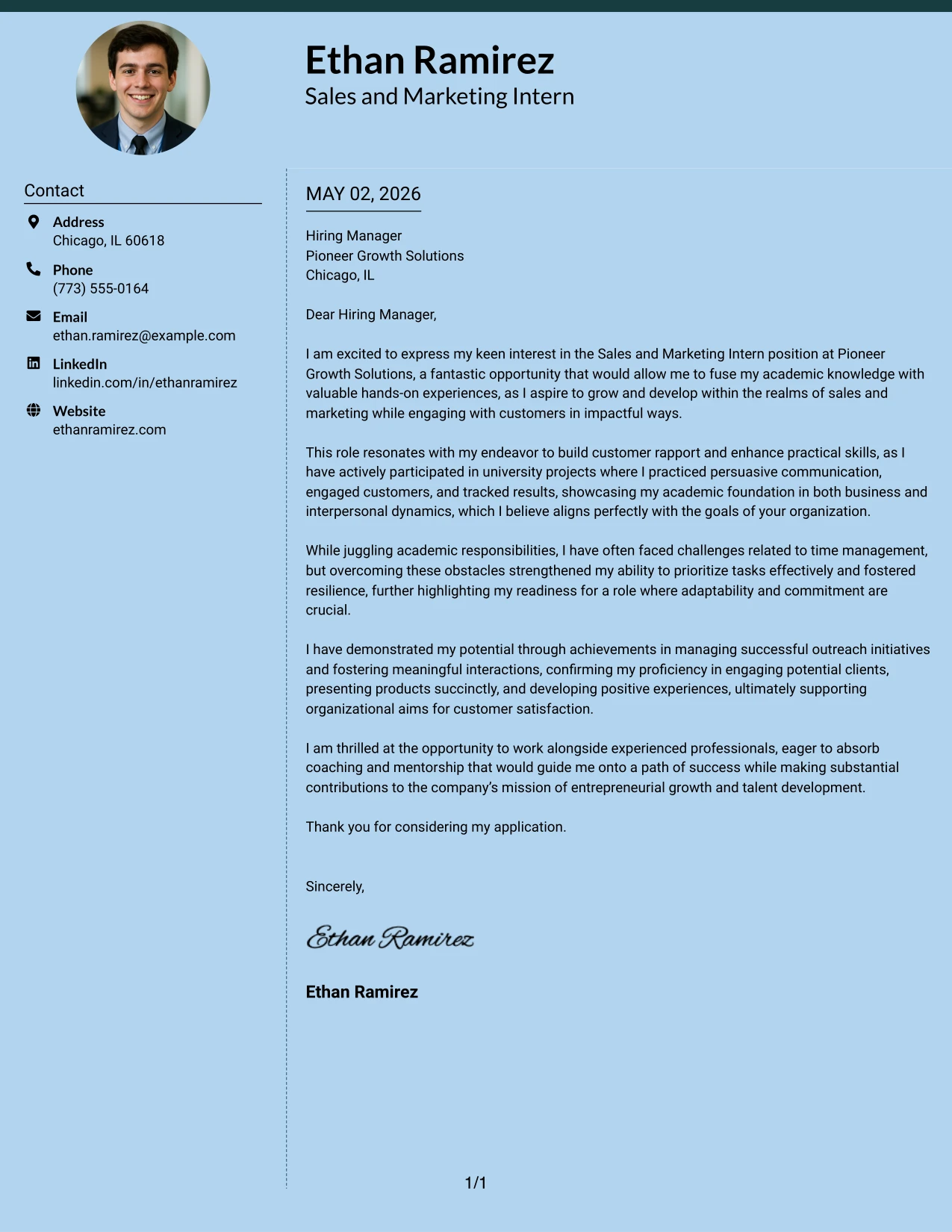 Sales and Marketing Intern Cover Letter Example Modern Full Background Two Column Format