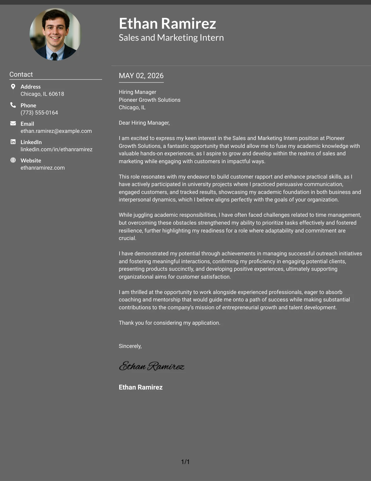 Sales and Marketing Intern Cover Letter Example Dark Mode Two Column Format