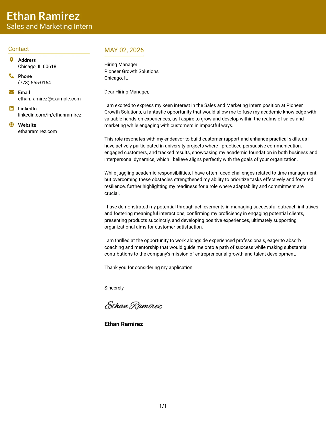 Sales and Marketing Intern Cover Letter Example Bold Color Header Professional Format