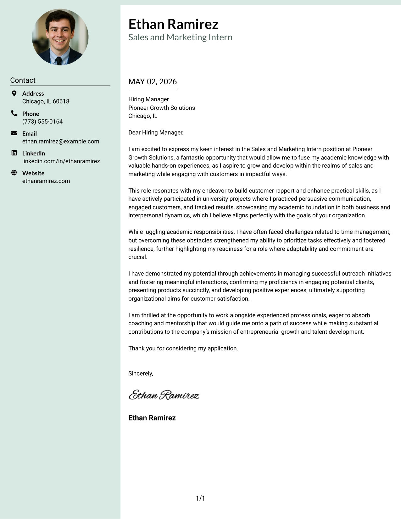 Sales and Marketing Intern Cover Letter Example Photo Header Color Sidebar Format