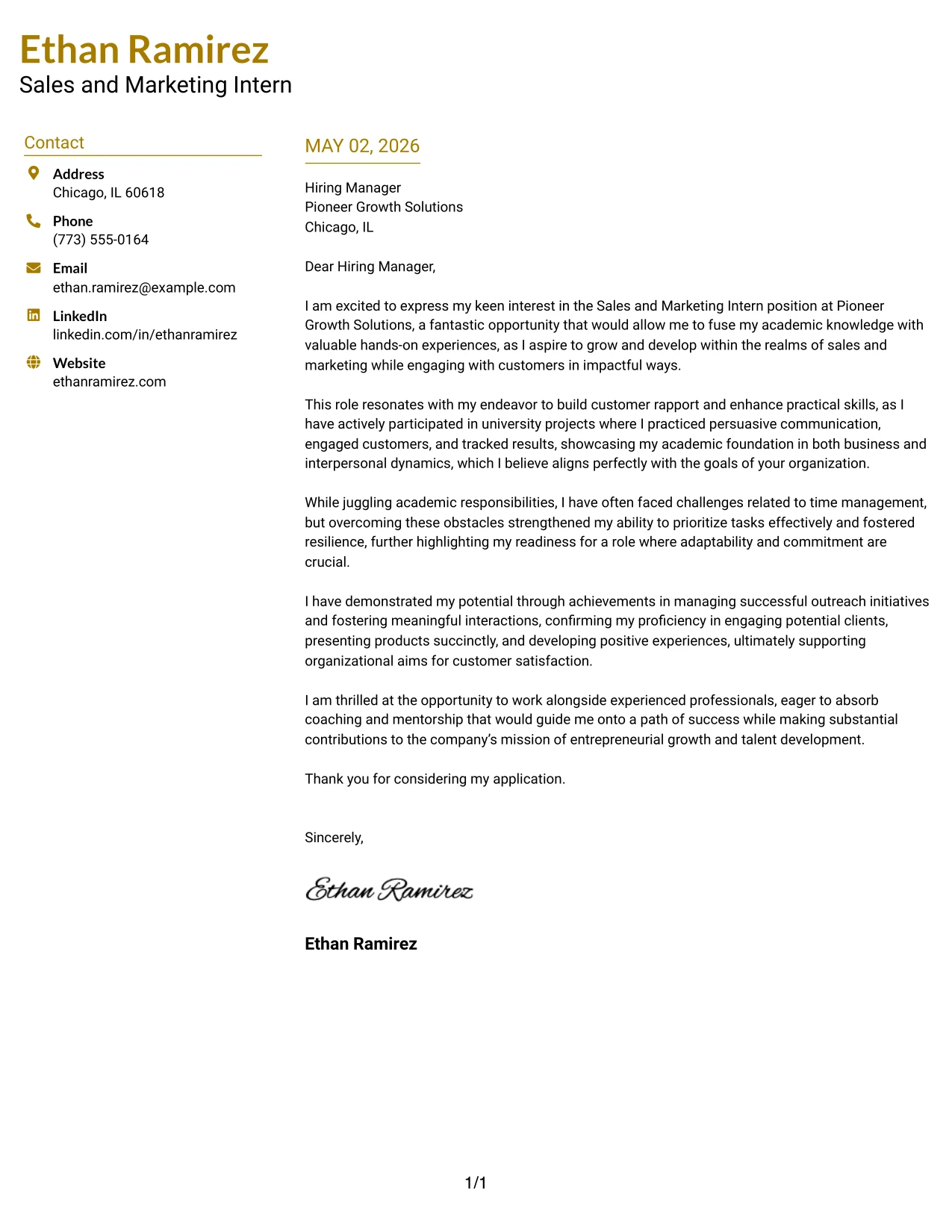 Sales and Marketing Intern Cover Letter Example Top Left Header Color Accent Format