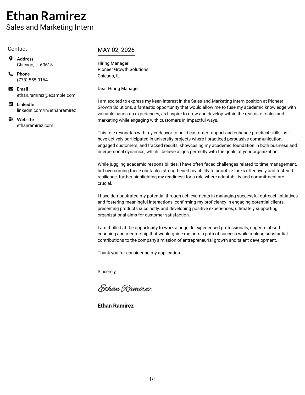 Sales and Marketing Intern Cover Letter Example Left Aligned Header Clean Two Column Format