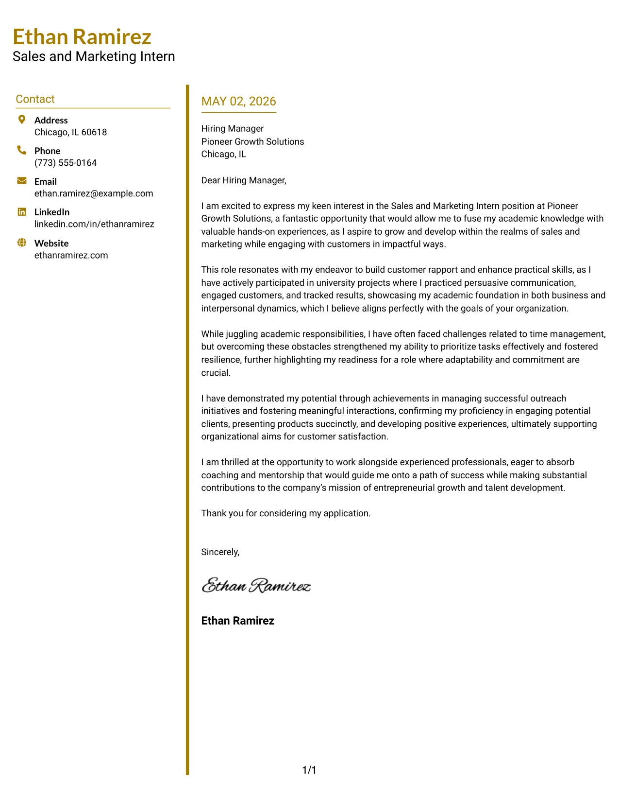 Sales and Marketing Intern Cover Letter Example Accent Divider Modern Two Column Format