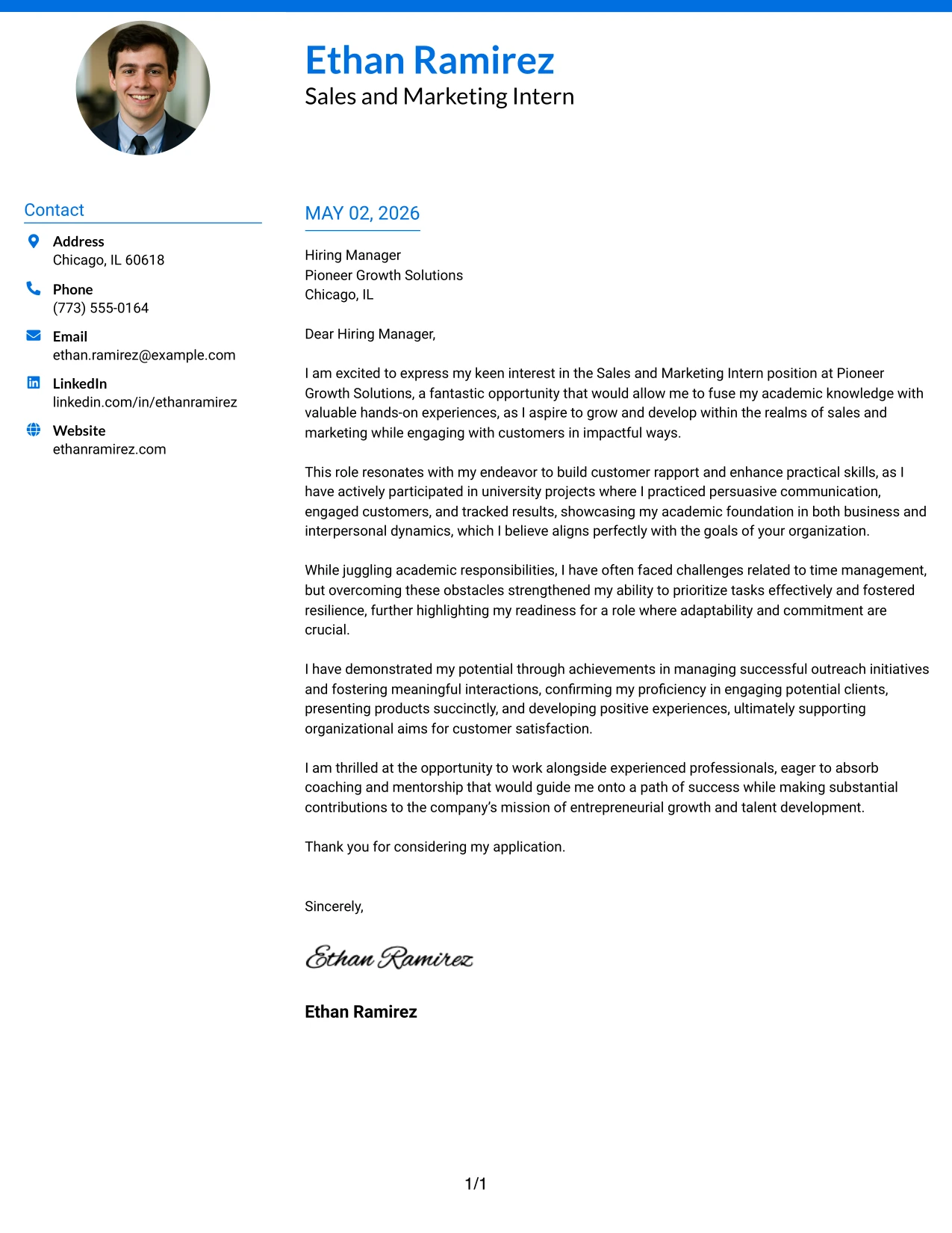 Sales and Marketing Intern Cover Letter Example Photo Header Color Accent International Format