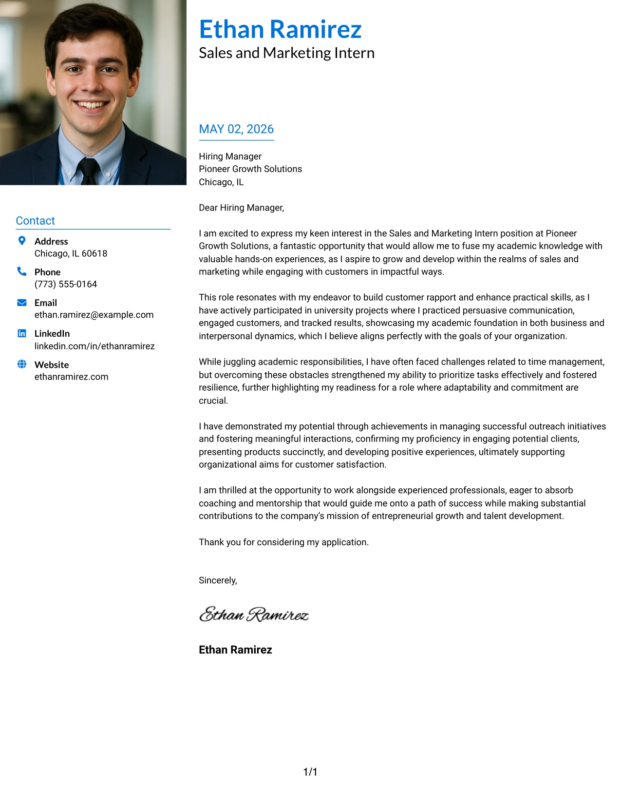 Sales and Marketing Intern Cover Letter Example Large Profile Photo International Two Column Format