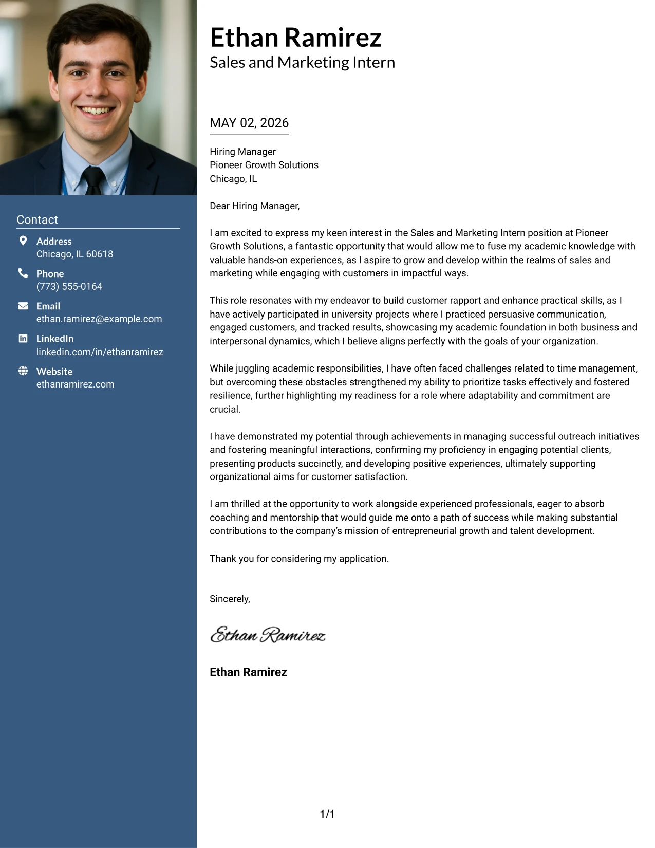 Sales and Marketing Intern Cover Letter Example with Photo Header