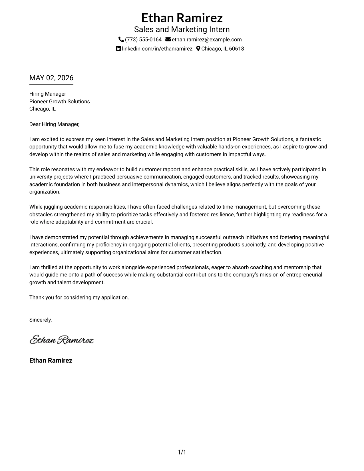Sales and Marketing Intern Cover Letter Example Two-Line Contact Header with Underlined Date Format