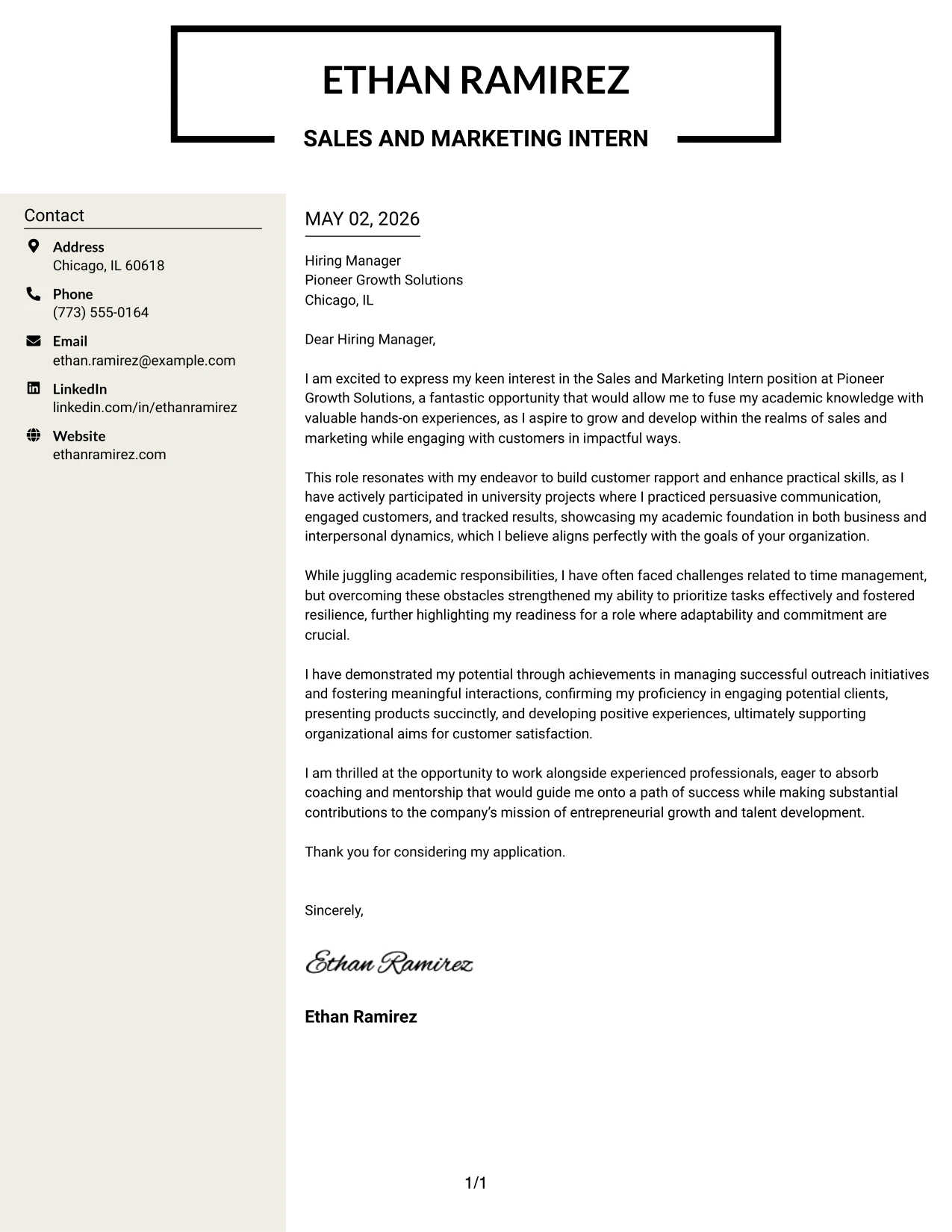 Sales and Marketing Intern Cover Letter Example Stylish Two Column Designer Format