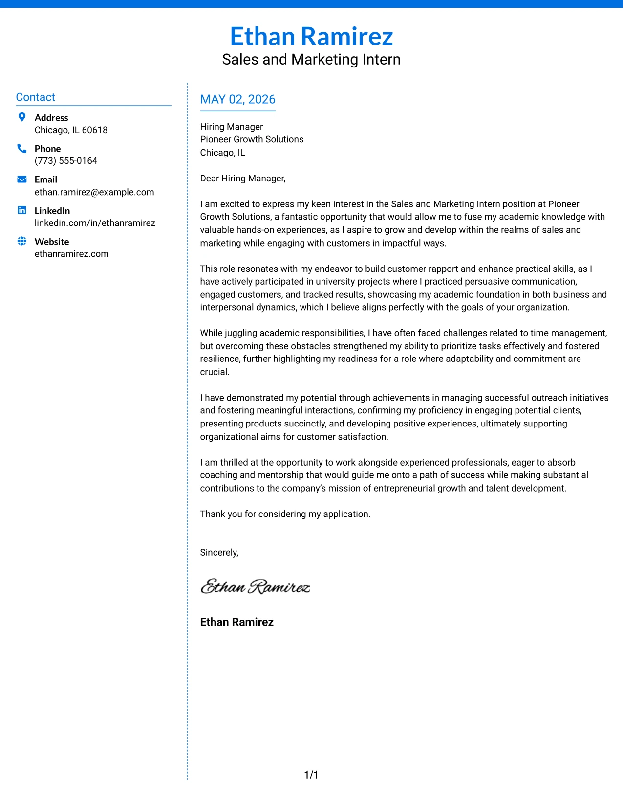 Sales and Marketing Intern Cover Letter Example Colored Two Column Format