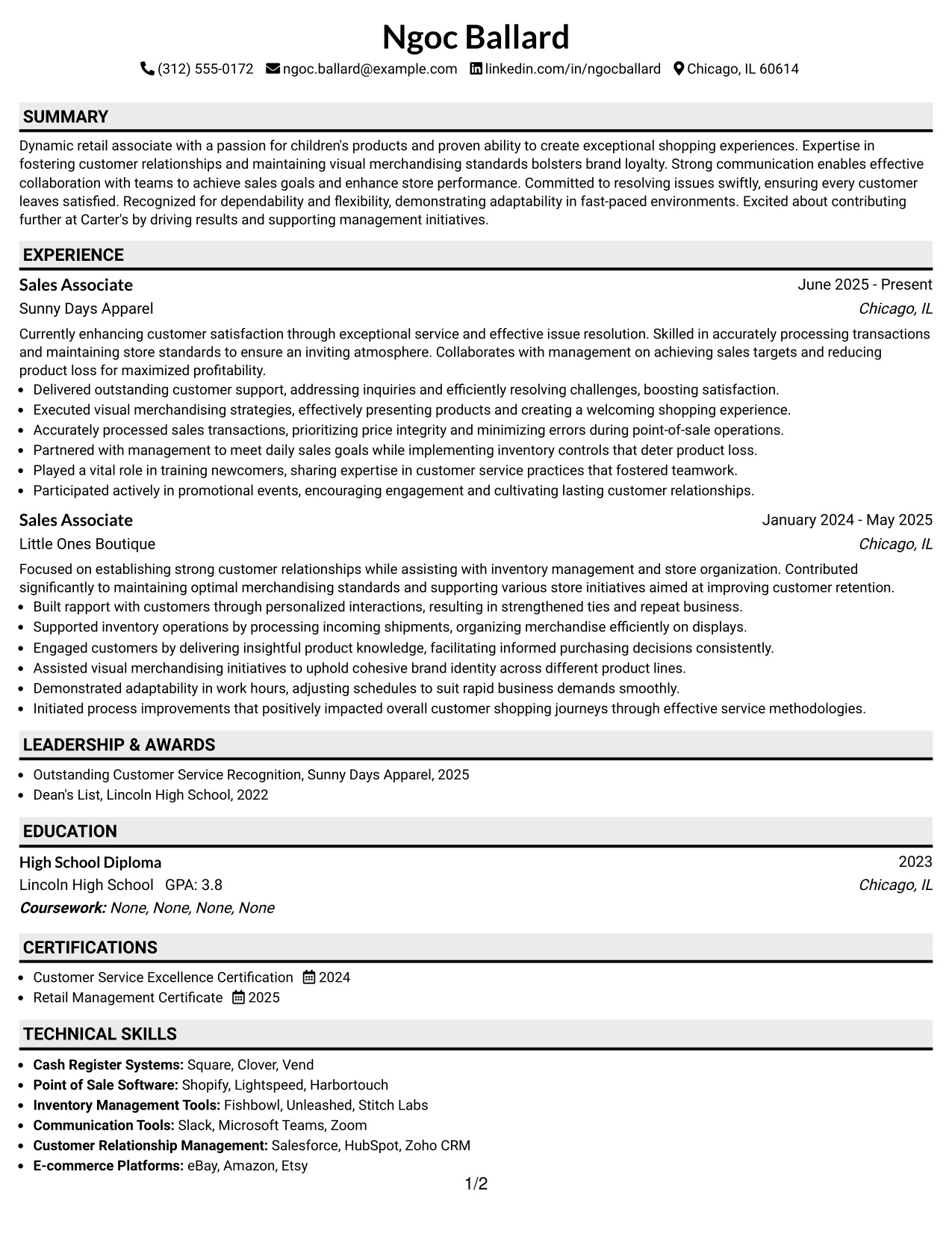 Resume Example Page 1