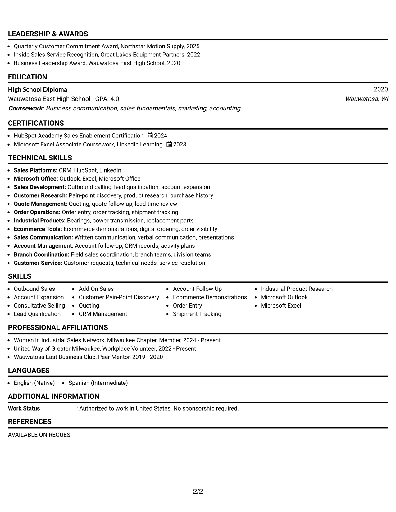 Resume Example Page 2