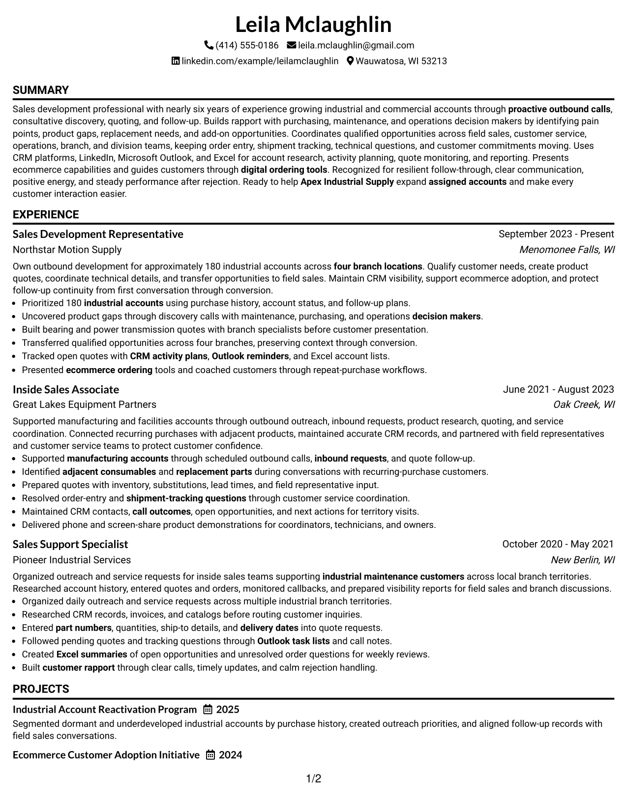 Resume Example Page 1
