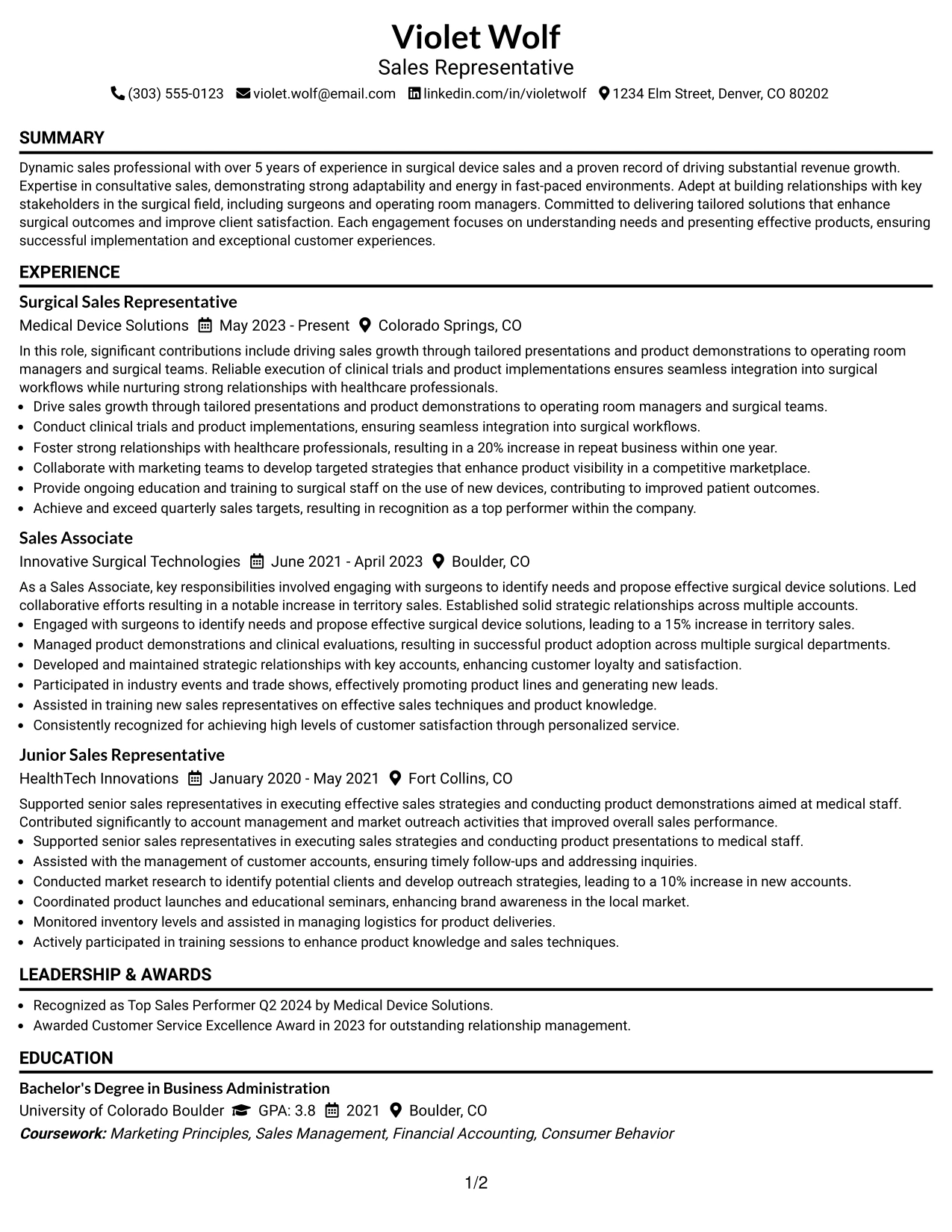Resume Example Page 1