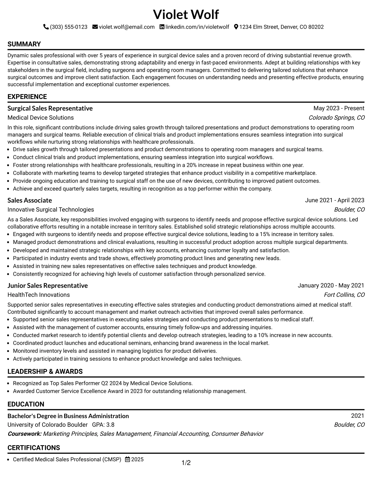 Resume Example Page 1