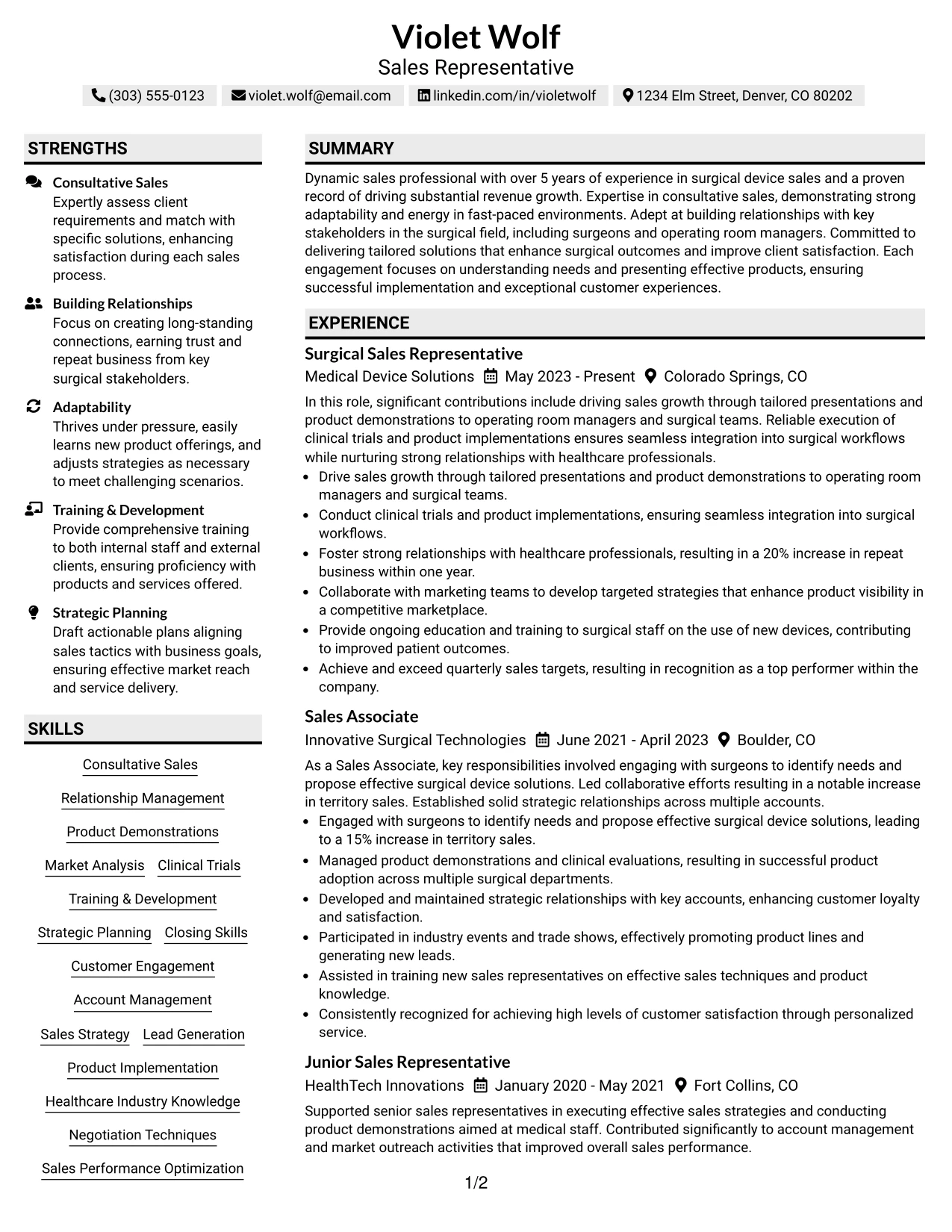 Resume Example Page 1