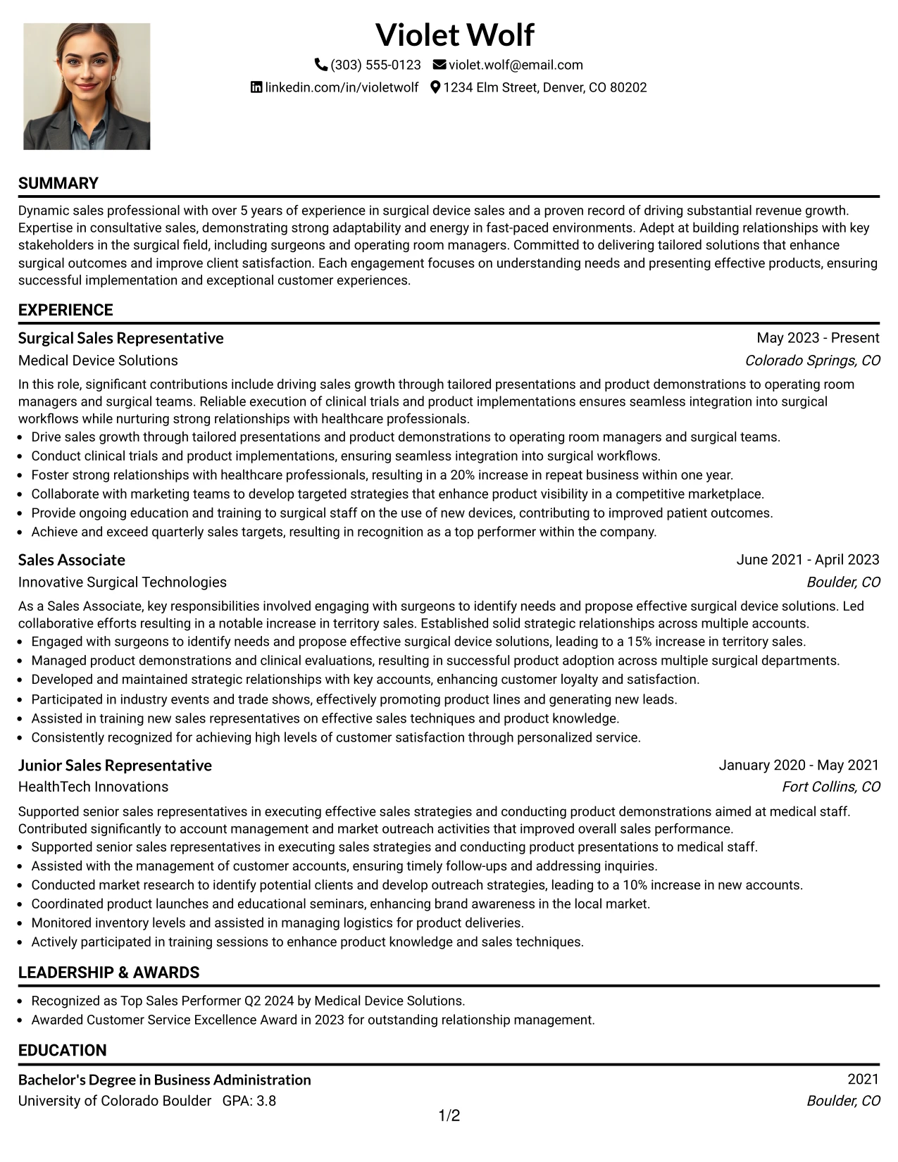 Resume Example Page 1