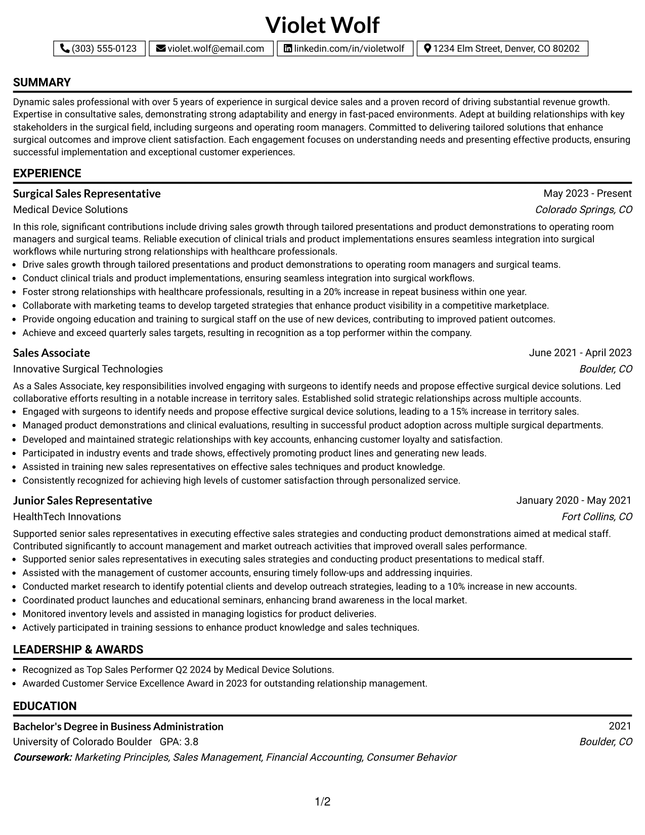 Resume Example Page 1