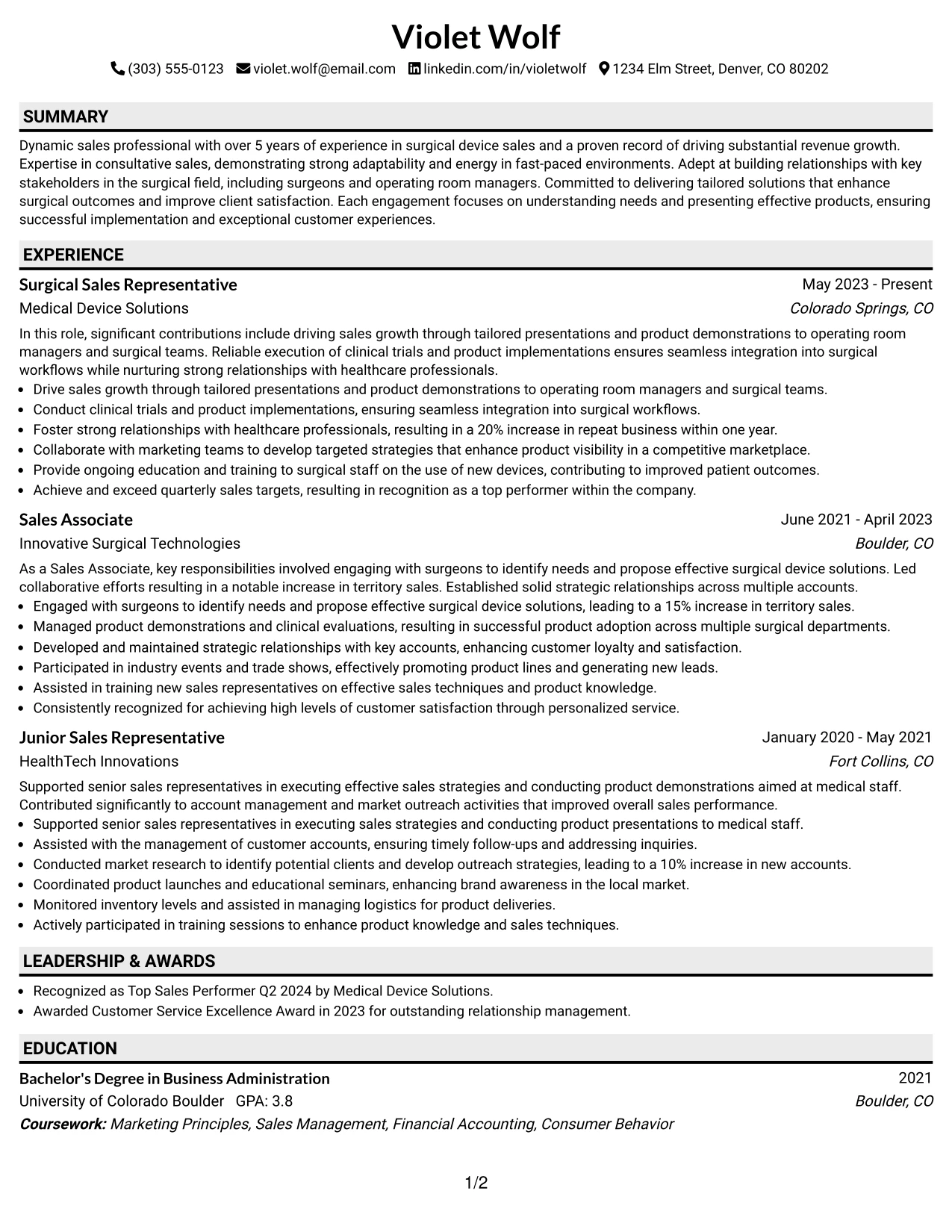 Resume Example Page 1
