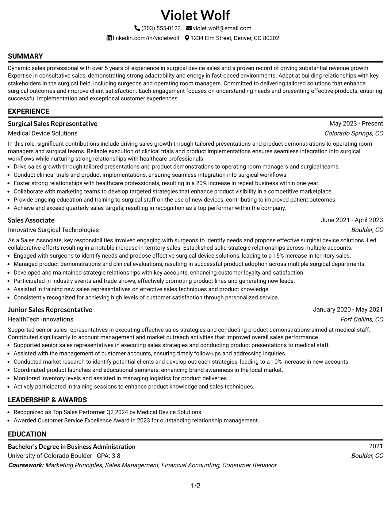 Resume Example Page 1