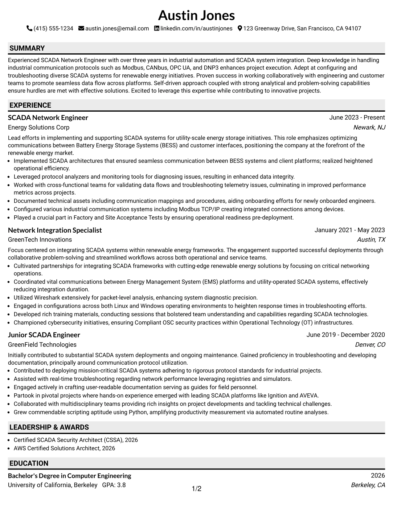 Resume Example Page 1
