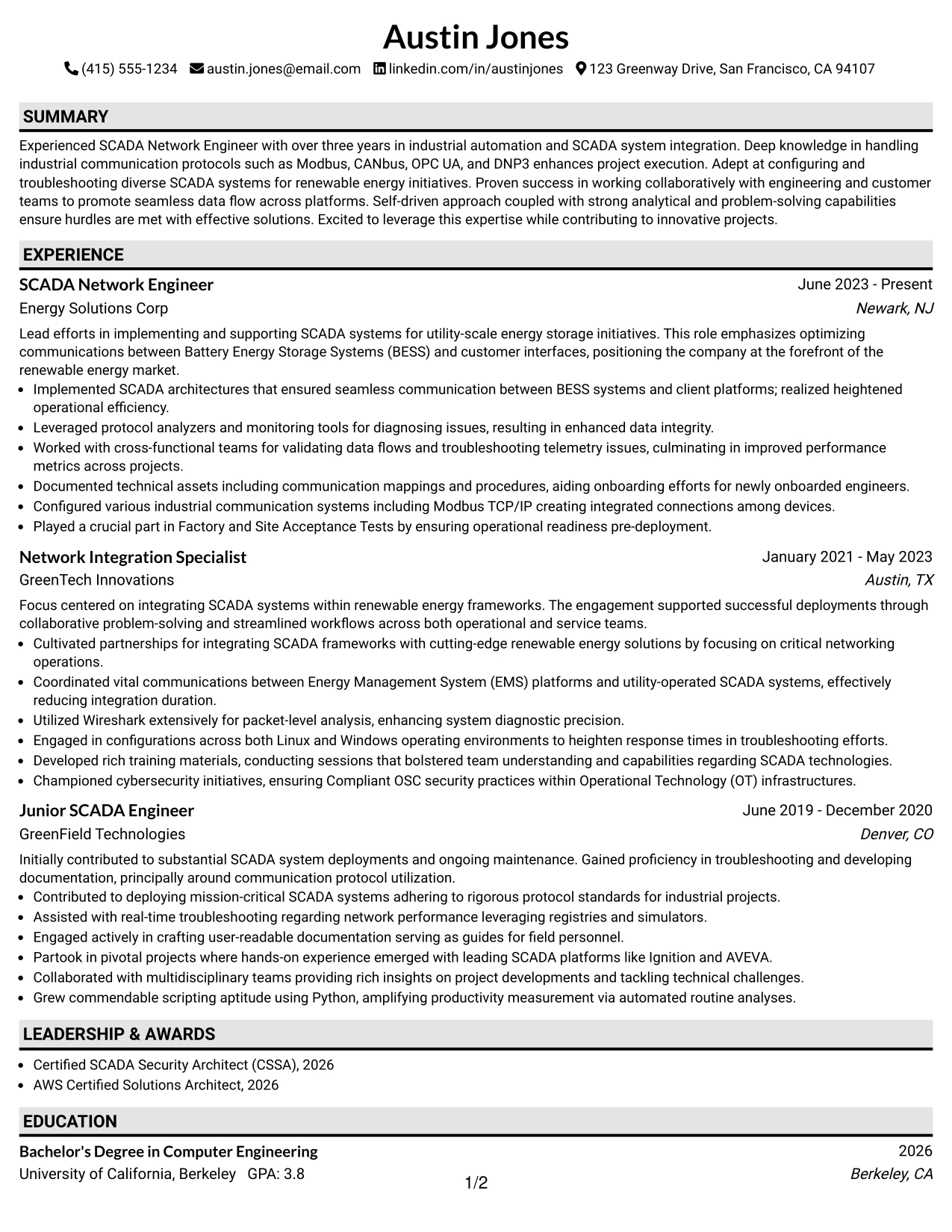 Resume Example Page 1