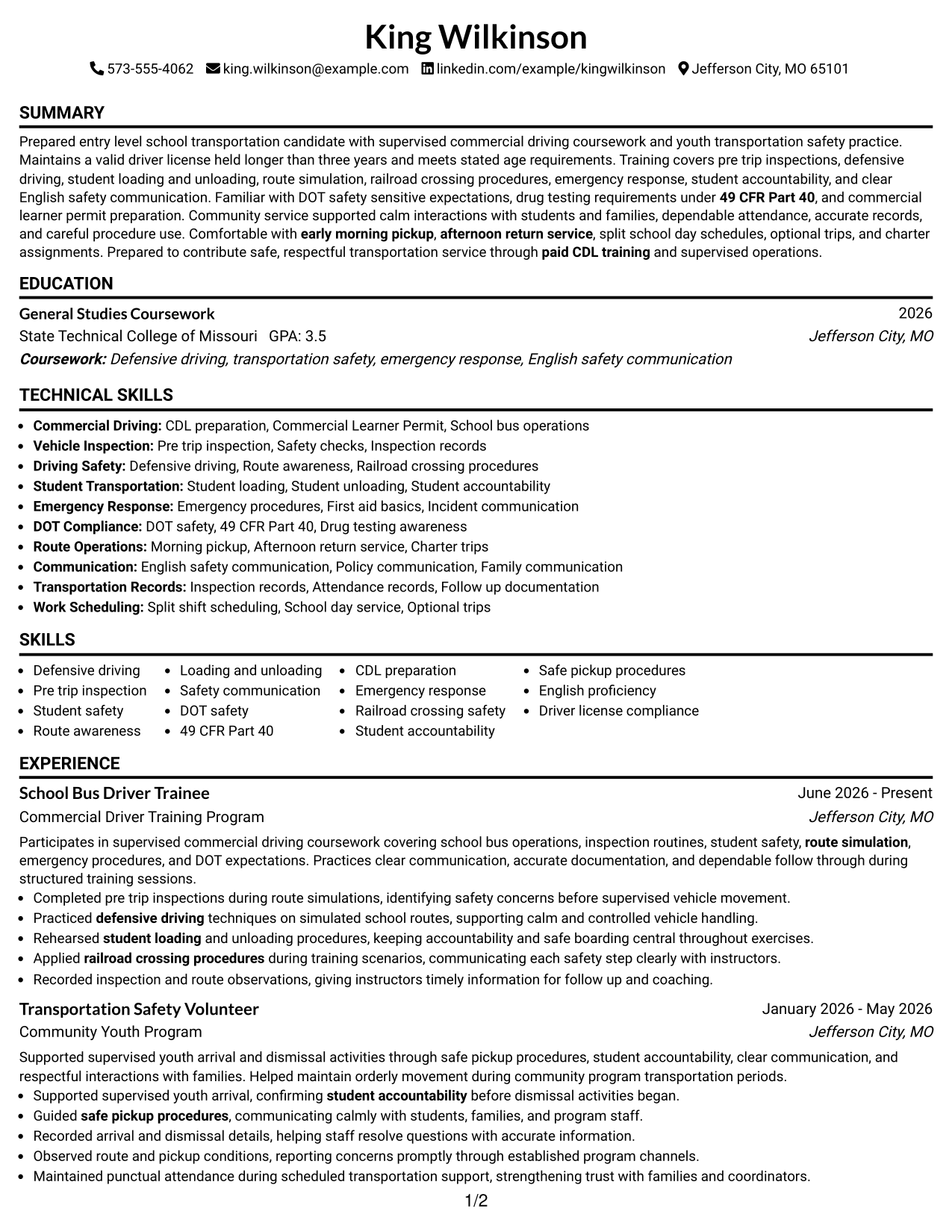 Resume Example Page 1