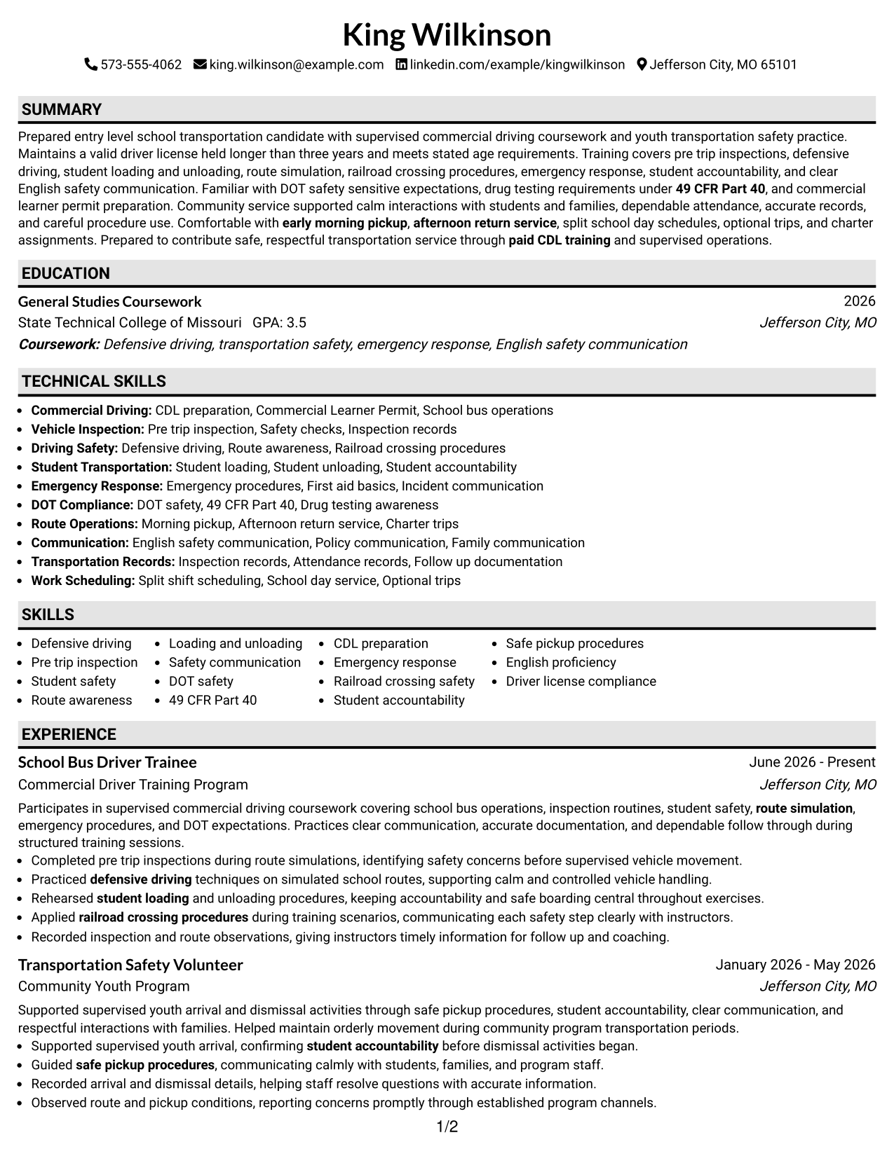 Resume Example Page 1