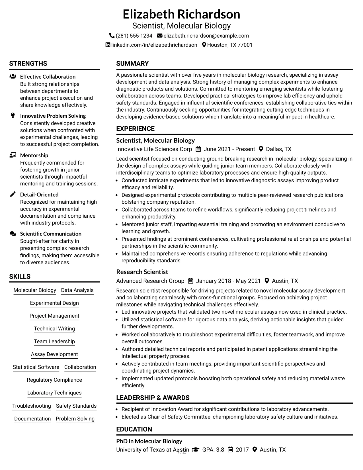 Resume Example Page 1