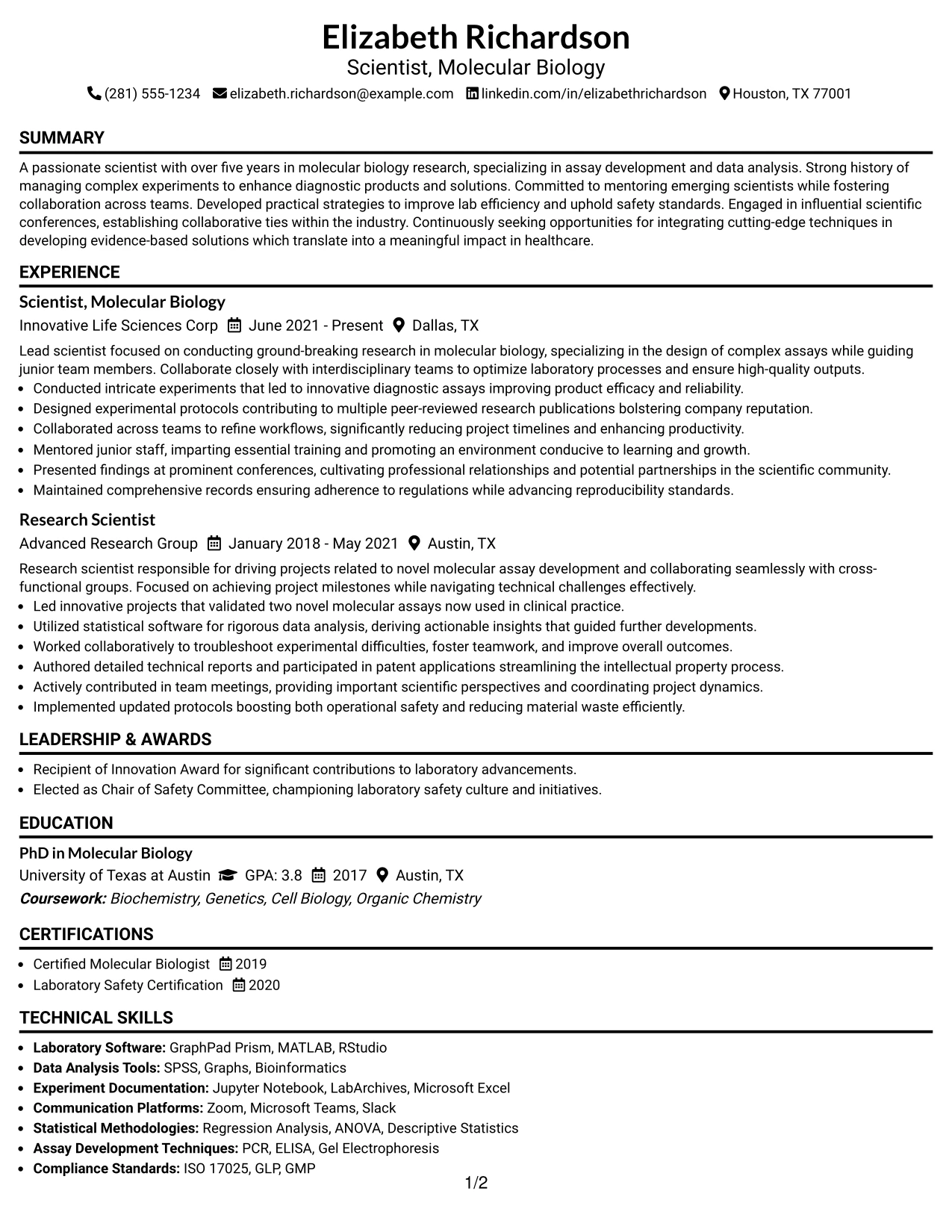 Resume Example Page 1