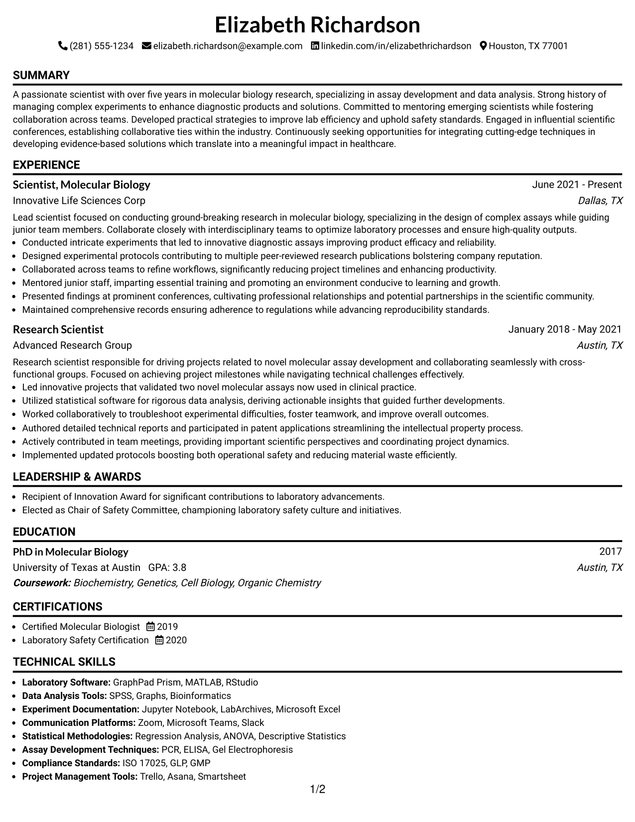 Resume Example Page 1