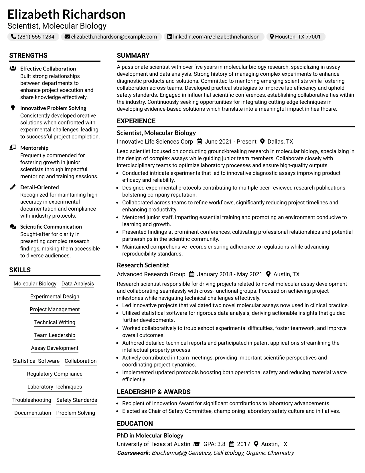 Resume Example Page 1