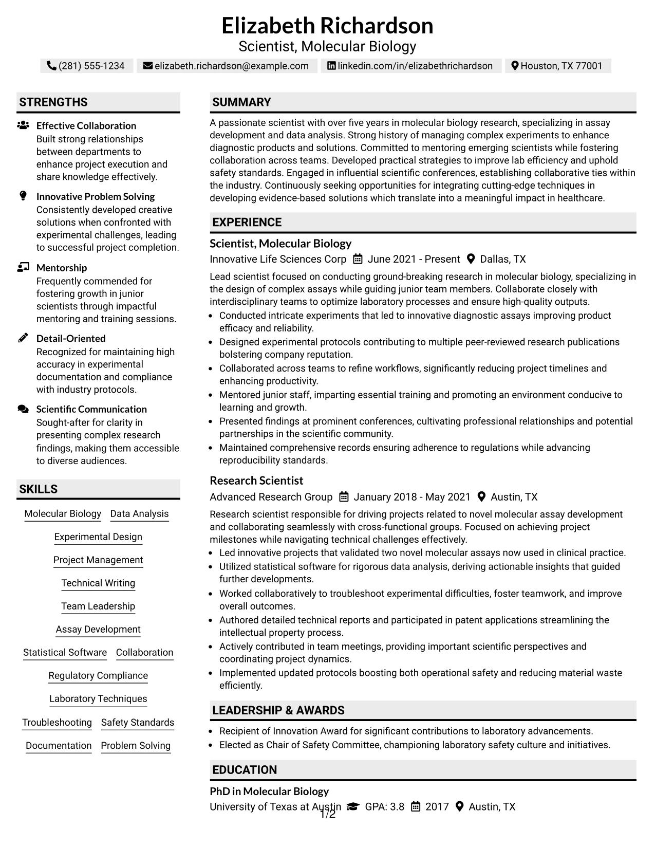Resume Example Page 1