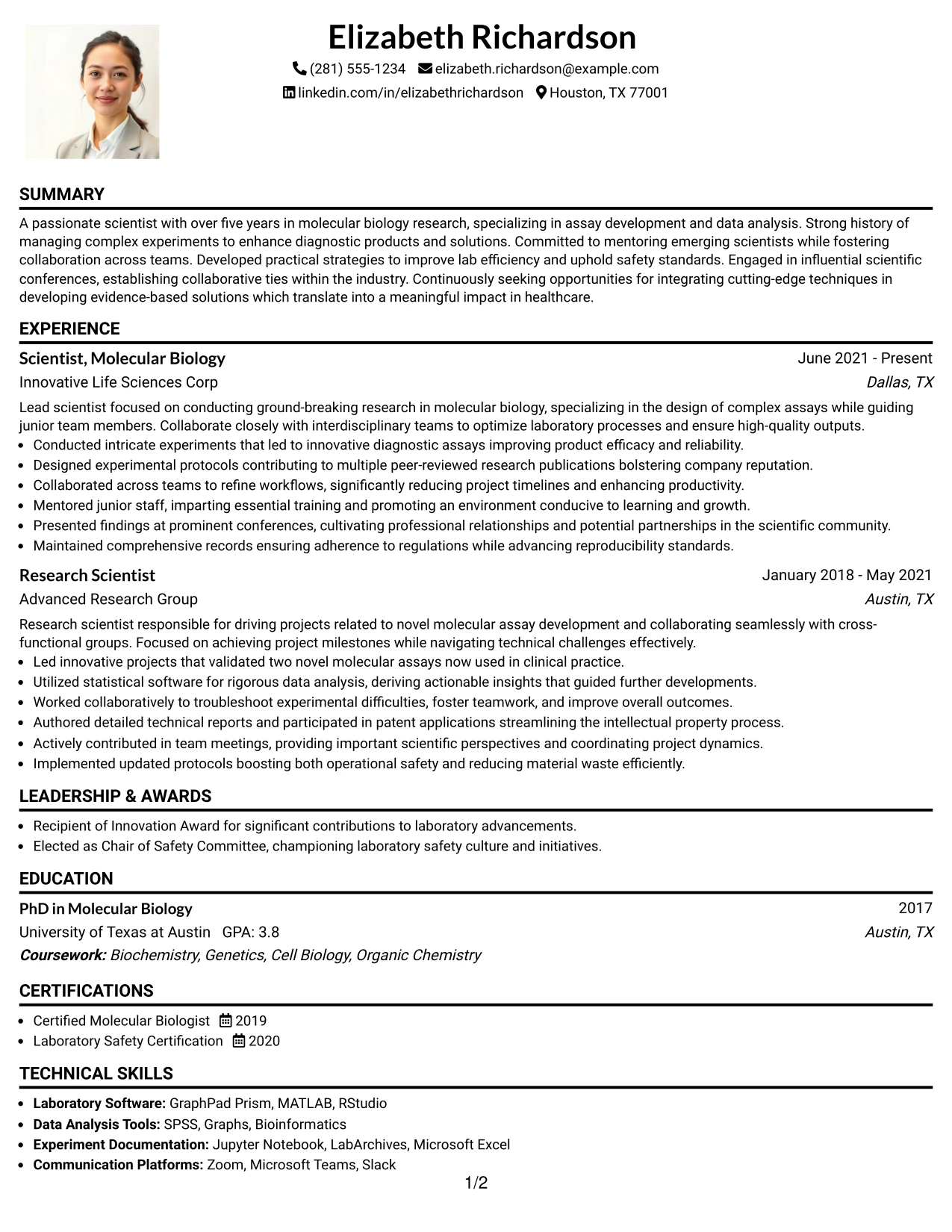Resume Example Page 1