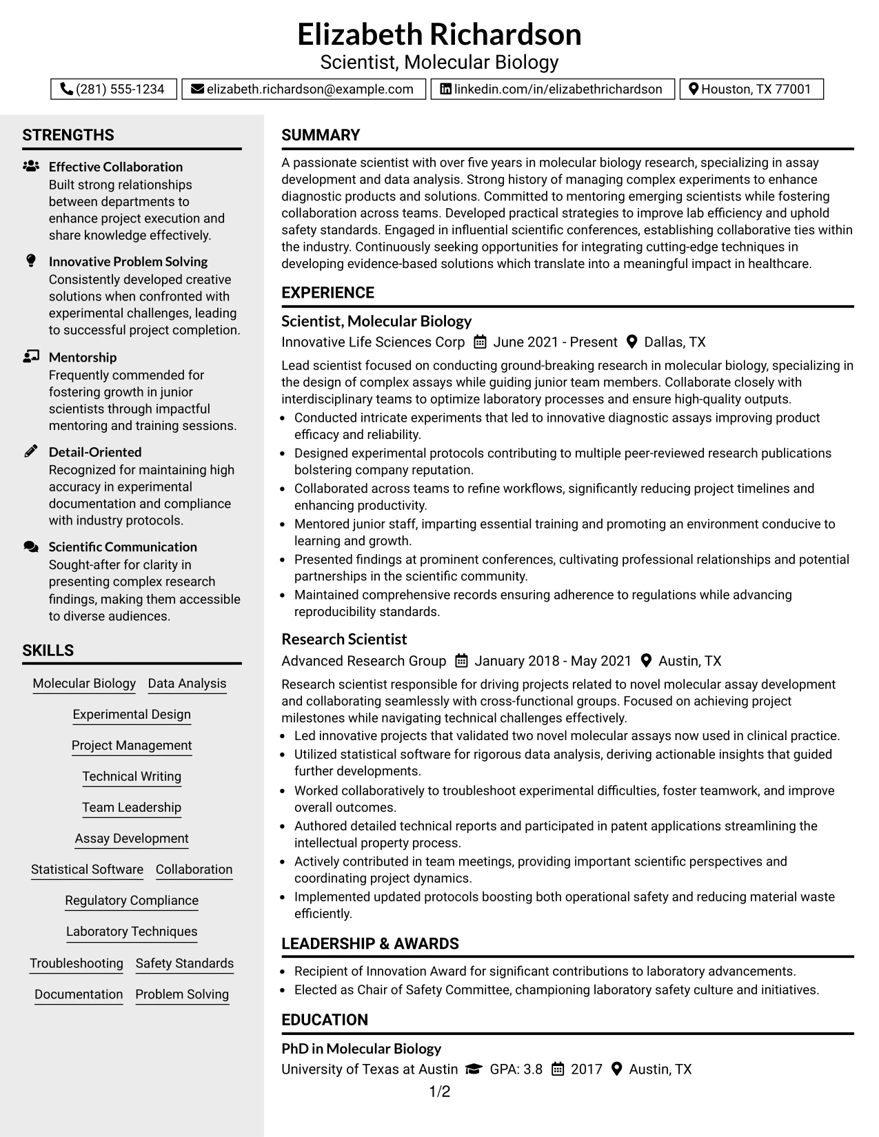 Resume Example Page 1